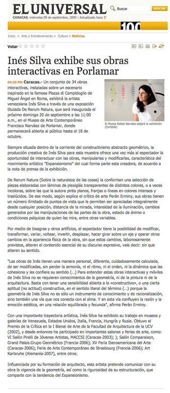 El Universal: Inés Silva exhibe sus obras interactivas en Porlamar